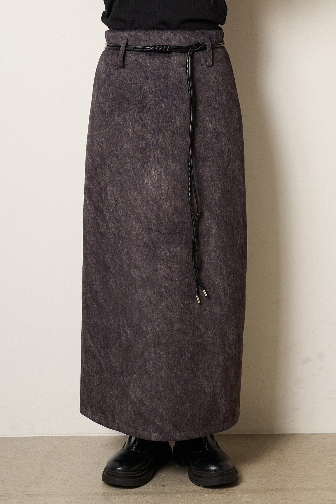 [SET]モヘアタッチマーブルニット+ロープベルト付きスウェード調スカート(2set)