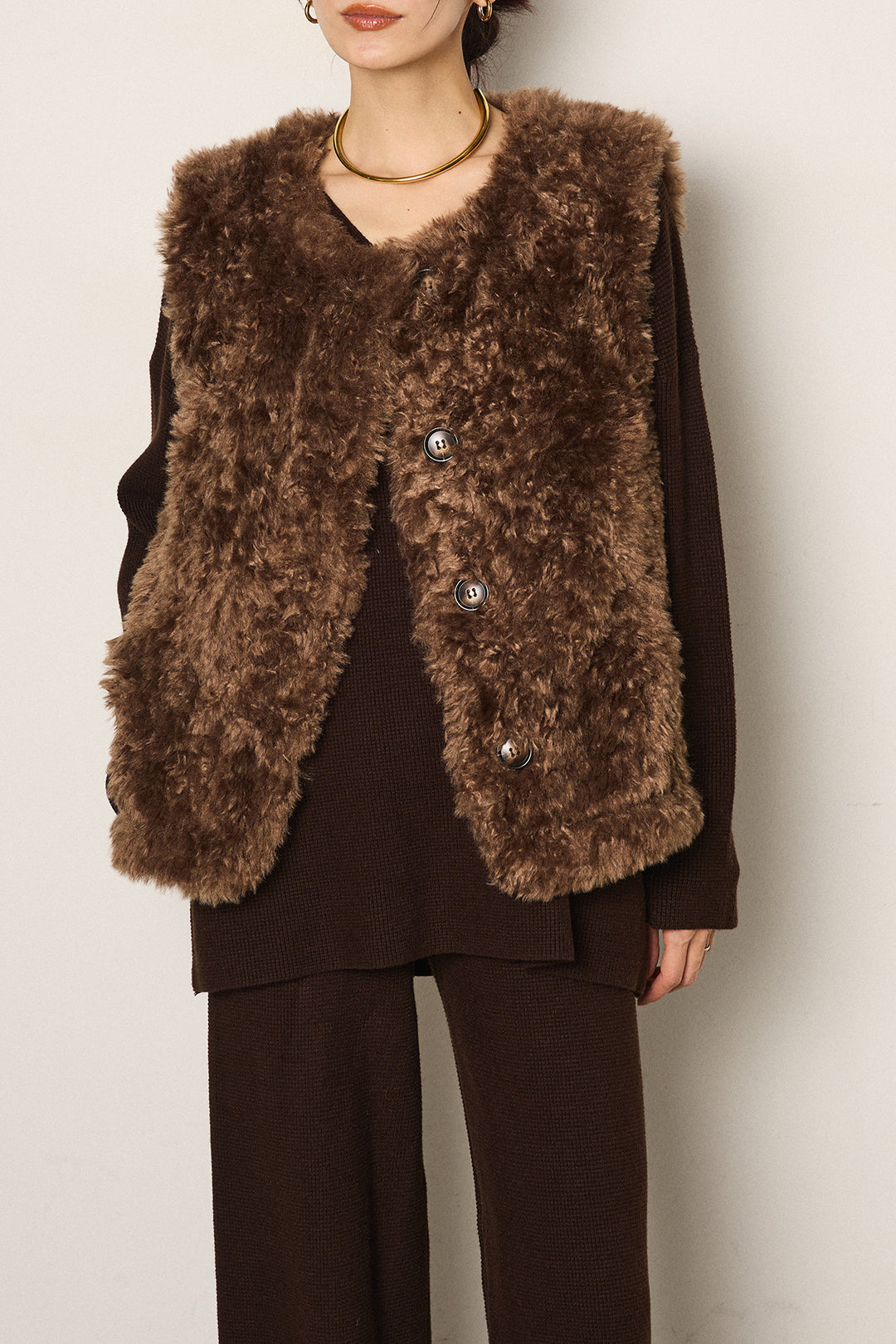 [SET]リラックスワッフルニットSETUP+ノーカラーエコファーベスト(2set)