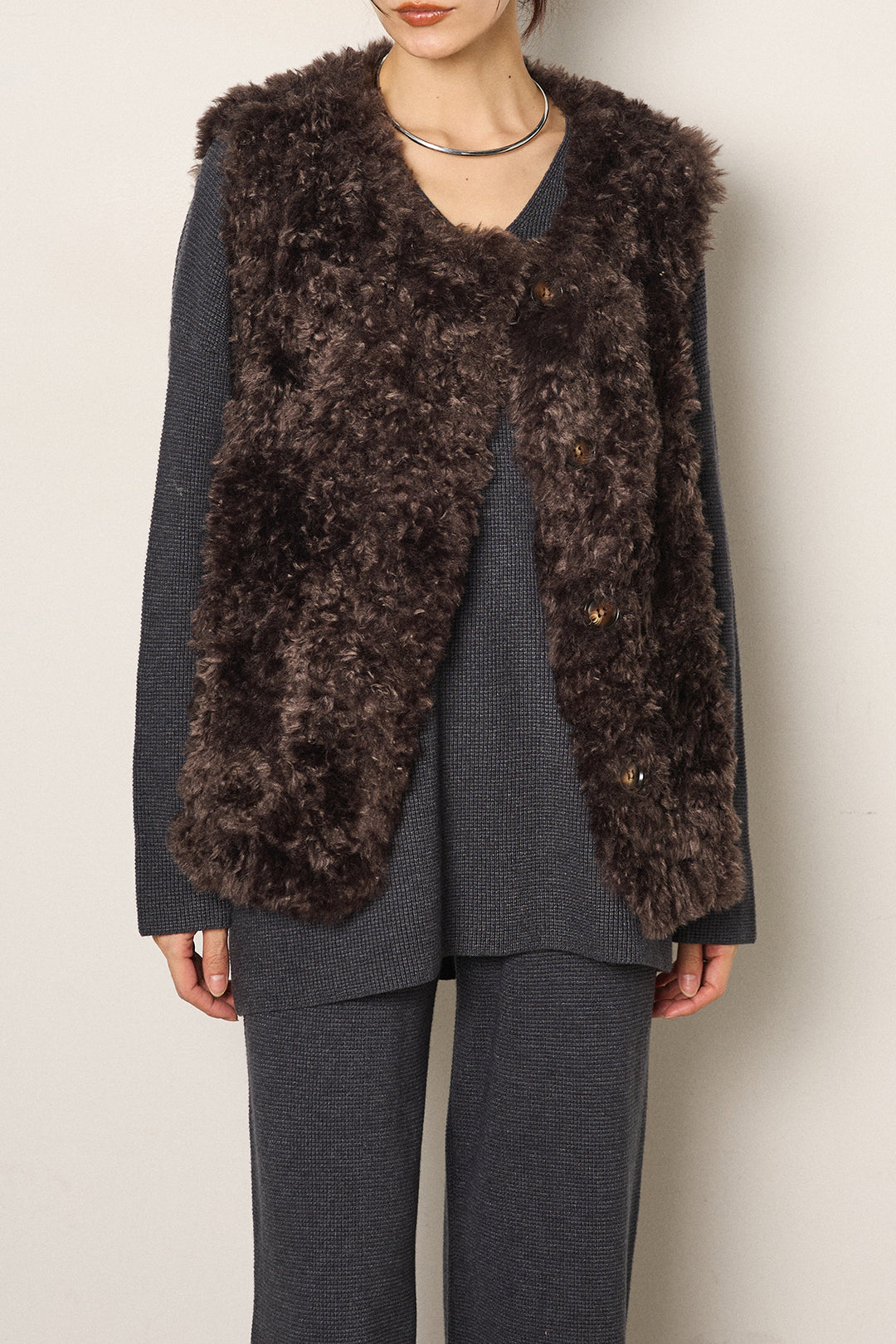 [SET]リラックスワッフルニットSETUP+ノーカラーエコファーベスト(2set)