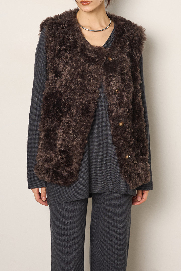 [SET]リラックスワッフルニットSETUP+ノーカラーエコファーベスト(2set)