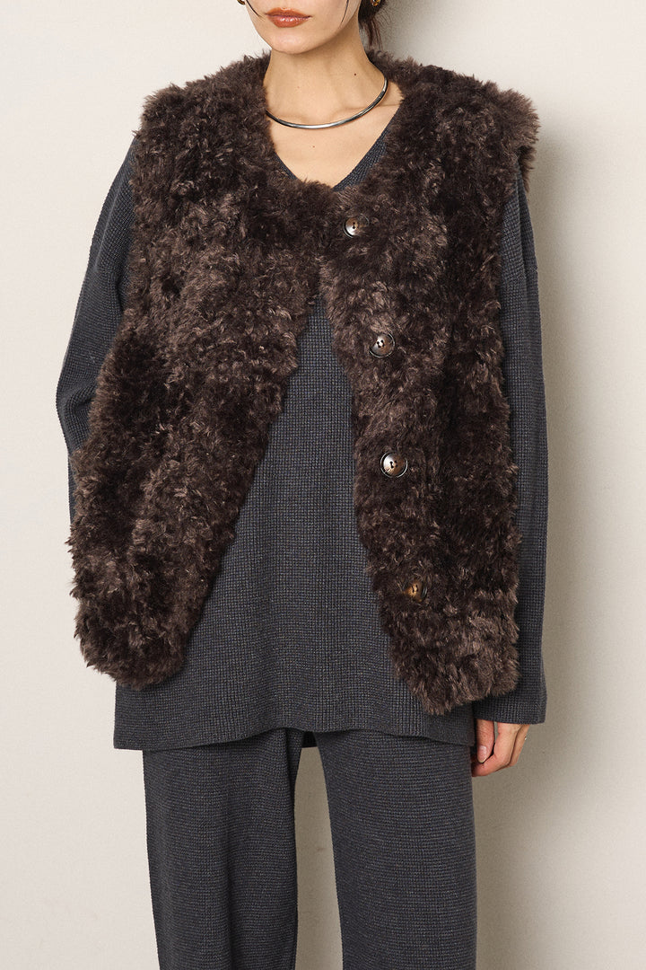 [SET]リラックスワッフルニットSETUP+ノーカラーエコファーベスト(2set)