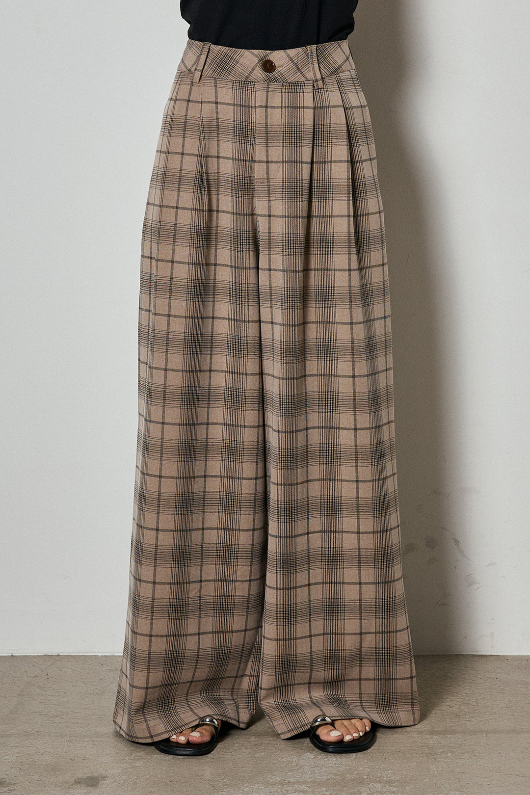[SET]ノースリーブタートルネックニット+タック入りタータンチェックワイドパンツ(2set)