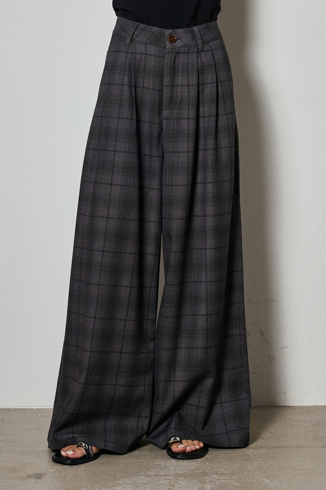 [SET]ノースリーブタートルネックニット+タック入りタータンチェックワイドパンツ(2set)