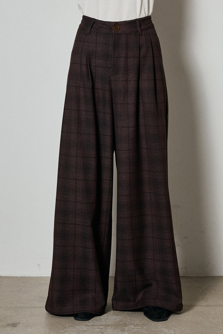 [SET]ミックスシャギー深Vニット+タック入りタータンチェックワイドパンツ(2set)