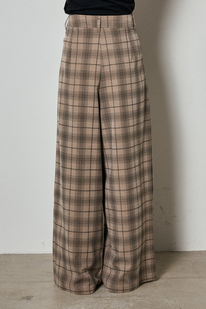 [SET]ミックスシャギー深Vニット+タック入りタータンチェックワイドパンツ(2set)