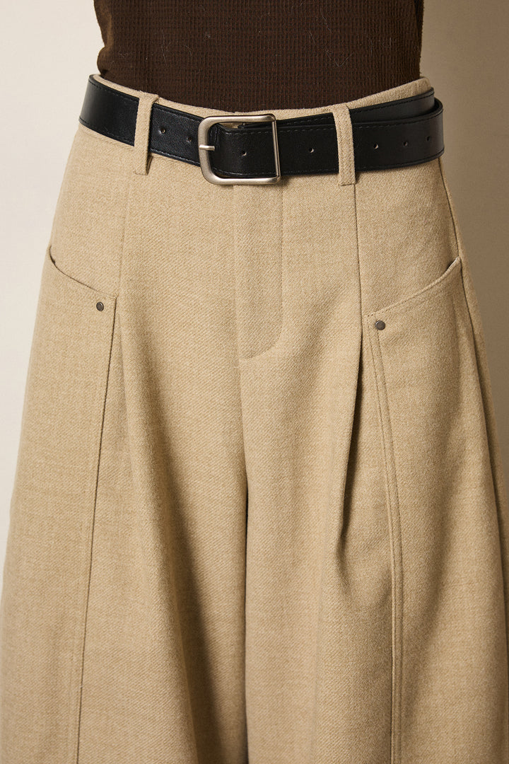 ベルト付き起毛タックワイドカーブパンツ