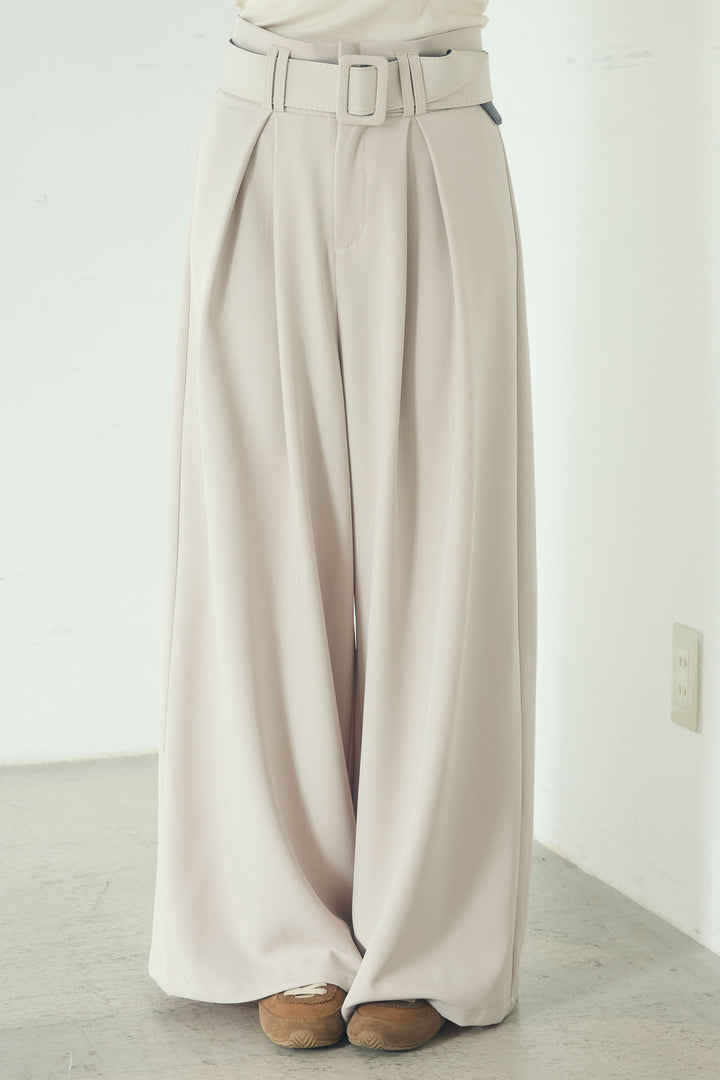 [SET]衿付きニットプルオーバー+ベルト付きツータックワイドパンツ(2set)