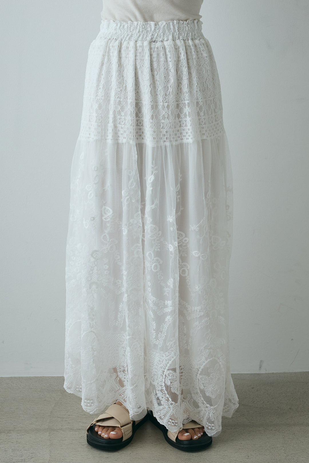 [SET]フォトプリントラグランTシャツ+ミックスレース刺繍スカート(2set)