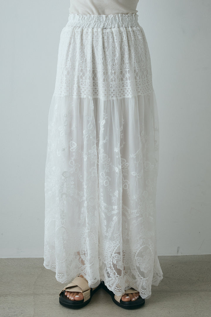 [SET]フォトプリントラグランTシャツ+ミックスレース刺繍スカート(2set)