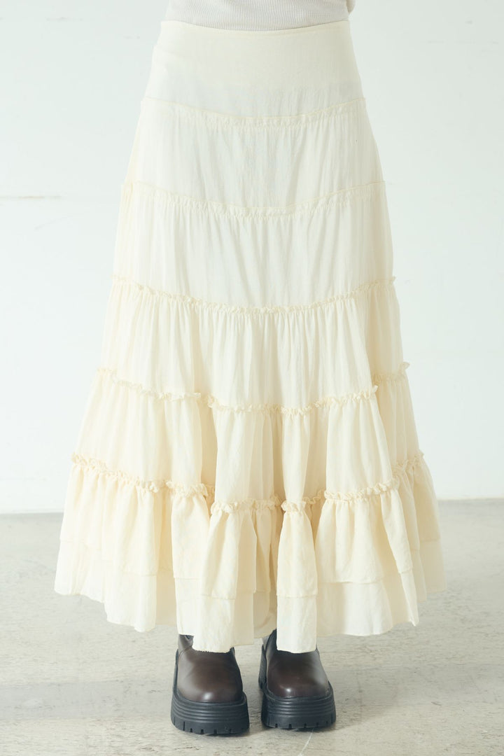 [SET]ミックスメッシュキーネックプルオーバー+ギャザーティアードマキシスカート(2set)