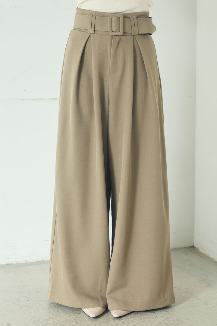 [SET]衿付きニットプルオーバー+ベルト付きツータックワイドパンツ(2set)