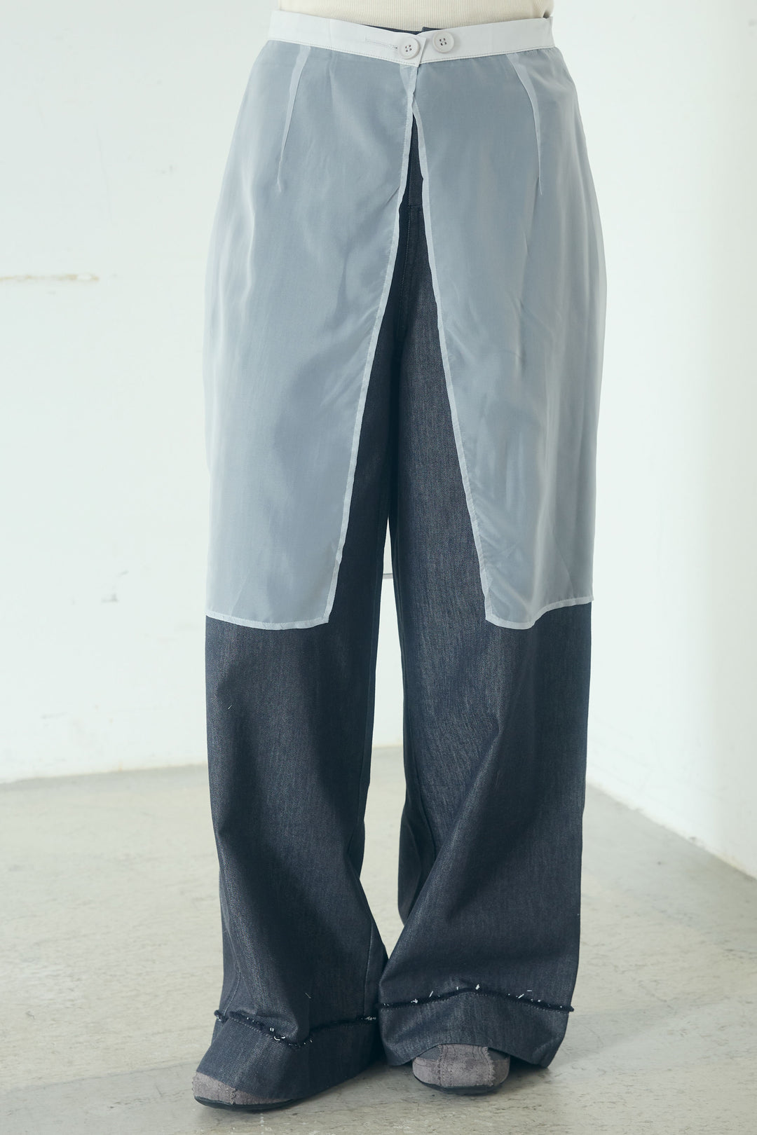 [SET]ミックスメッシュキーネックプルオーバー+シアーチュールレイヤードワイドパンツ(2set)