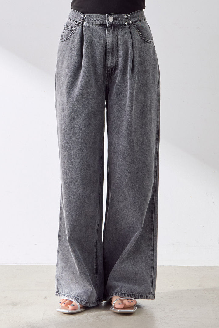 【即納】ホック付きタックデニムワイドパンツ