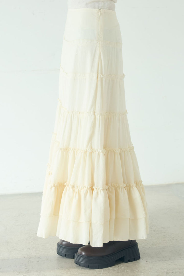 [SET]ミックスメッシュキーネックプルオーバー+ギャザーティアードマキシスカート(2set)