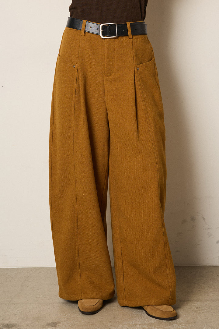ベルト付き起毛タックワイドカーブパンツ