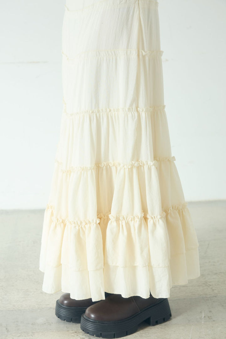 [SET]ミックスメッシュキーネックプルオーバー+ギャザーティアードマキシスカート(2set)