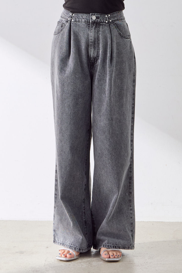 【即納】ホック付きタックデニムワイドパンツ
