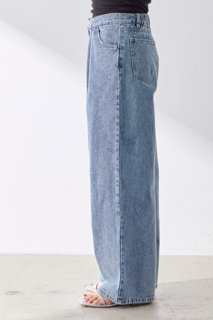 【即納】ホック付きタックデニムワイドパンツ
