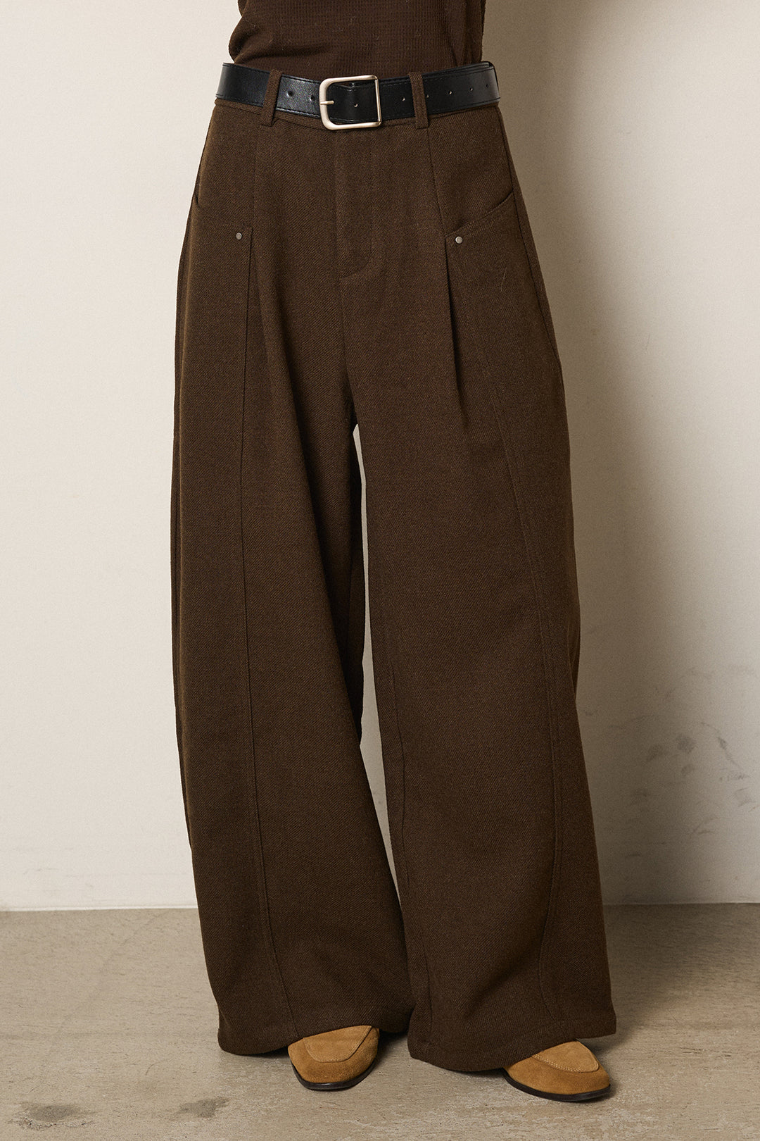 ベルト付き起毛タックワイドカーブパンツ