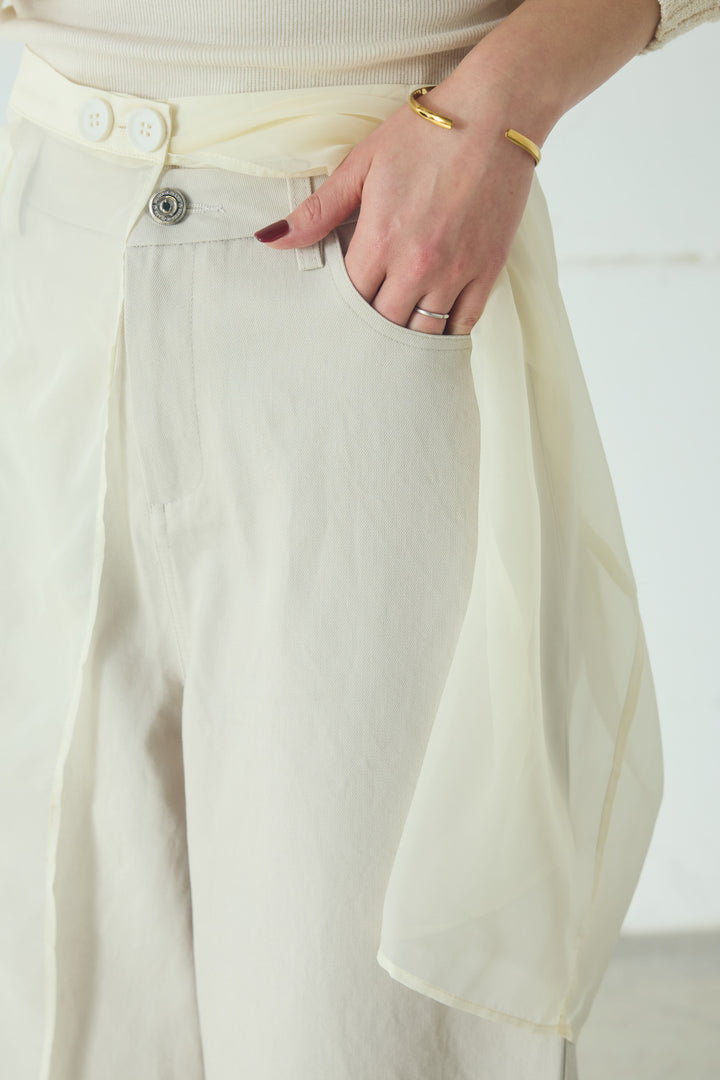 [SET]ミックスメッシュキーネックプルオーバー+シアーチュールレイヤードワイドパンツ(2set)