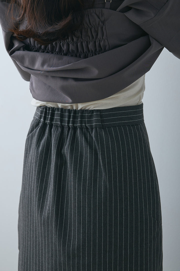 [SET]ホックビスチェ付きバンドカラーシャツ+ストライプストレートスカート(2set)
