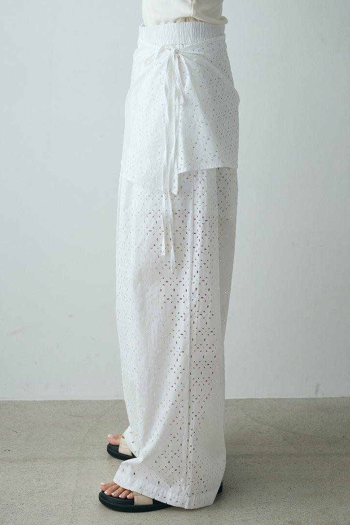 [SET]メッシュ切り替えワンピース+透かし柄レイヤードワイドパンツ(2set)