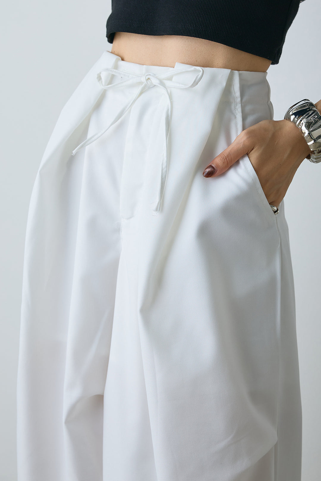 [SET]サテンクロップドシャツ+デザインタックパンツ(2set)