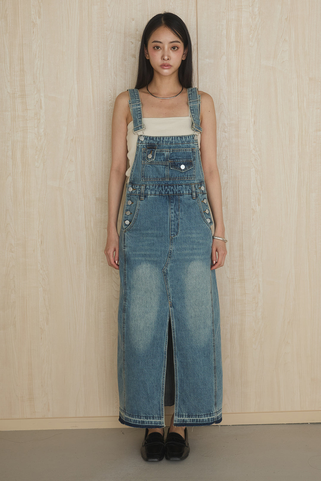 [SET]リヨセルデニムノースリシャツ+センタースリットデニムジャンスカ(2set)