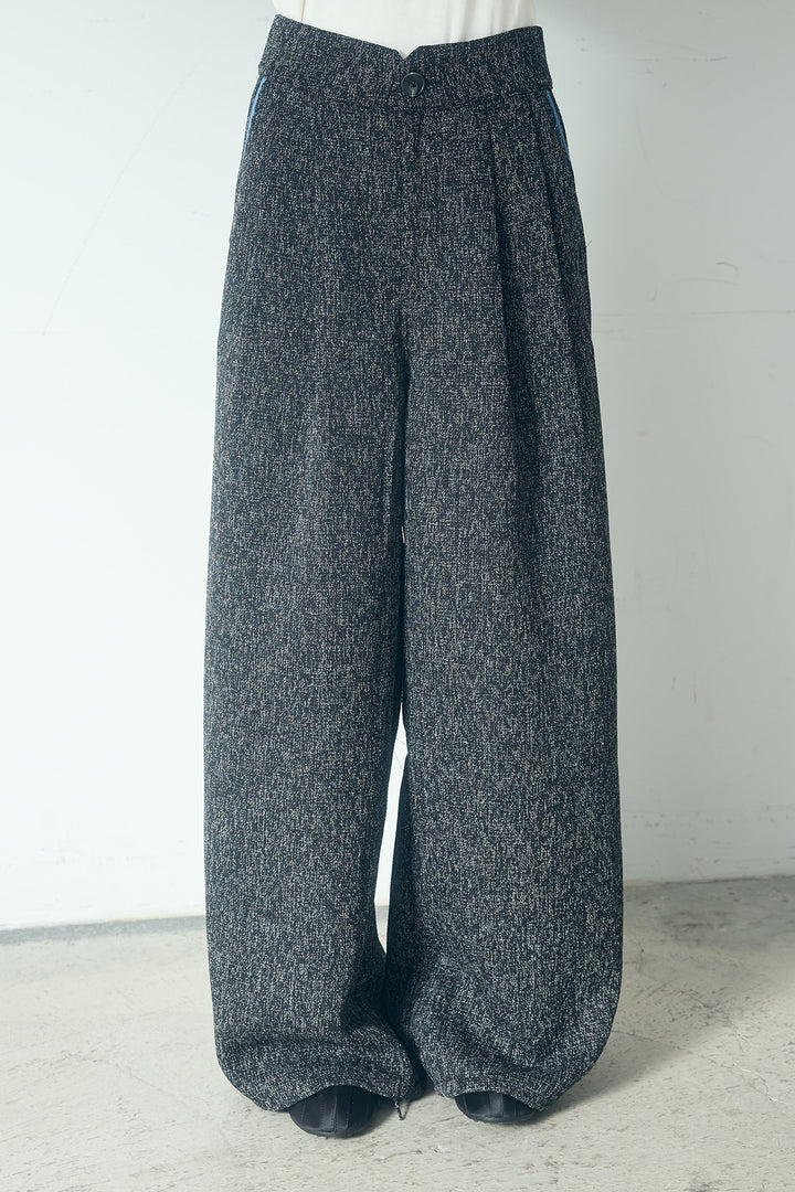 ツイード×デニムハイウエストラインロングパンツ