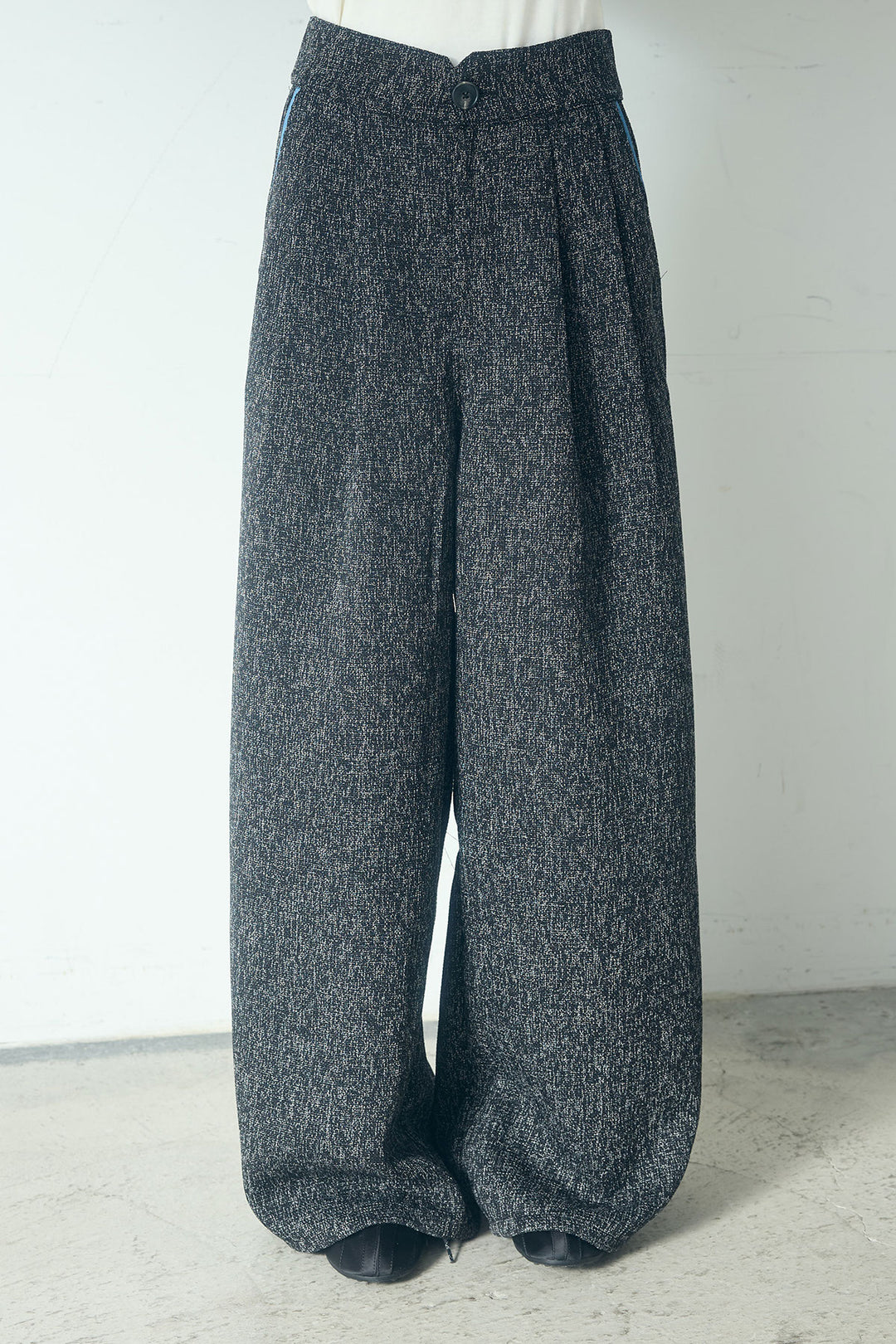 [SET]ツイード×デニムショート丈シャツ+ツイード×デニムハイウエストラインロングパンツ(2set)