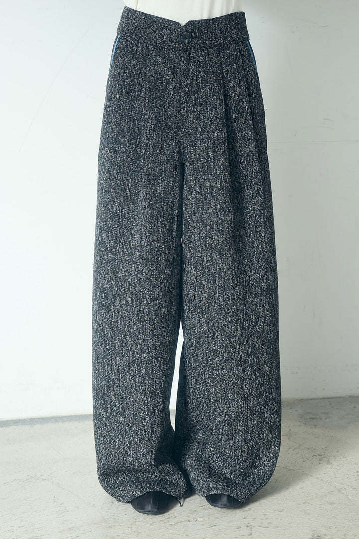 [SET]ツイード×デニムショート丈シャツ+ツイード×デニムハイウエストラインロングパンツ(2set)