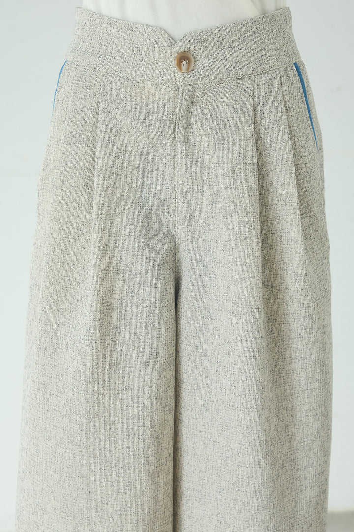 [SET]ツイード×デニムショート丈シャツ+ツイード×デニムハイウエストラインロングパンツ(2set)