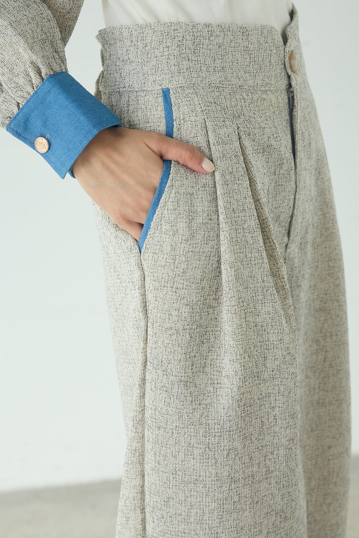 ツイード×デニムハイウエストラインロングパンツ