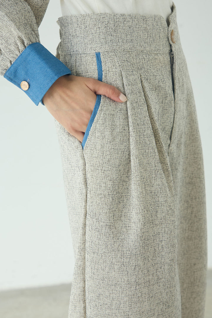 [SET]ツイード×デニムショート丈シャツ+ツイード×デニムハイウエストラインロングパンツ(2set)