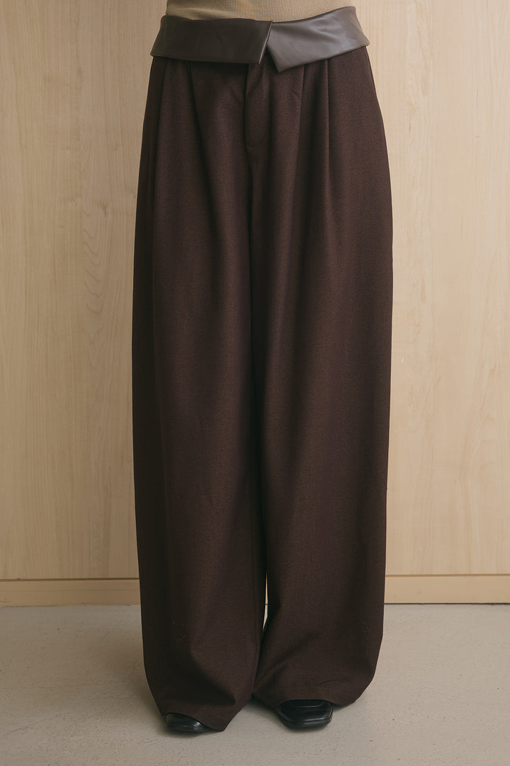 [SET]レースドッキングVネックカーディガン+ウエストレザーライク折り返しワイドパンツ(2set)