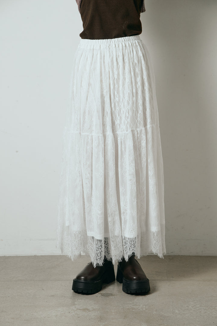 [SET]レイヤードデザインフーディートップス+ひげレース切替ロング丈スカート(2set)