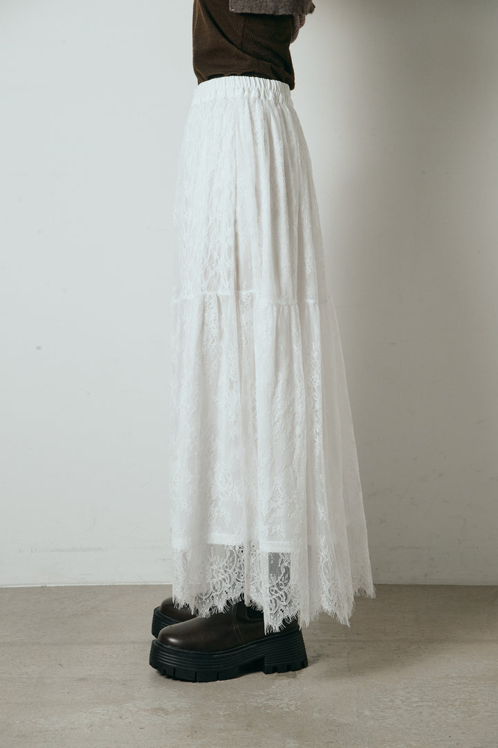 [SET]レイヤードデザインフーディートップス+ひげレース切替ロング丈スカート(2set)
