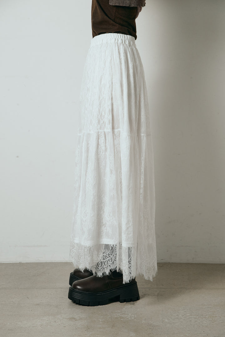 [SET]レイヤードデザインフーディートップス+ひげレース切替ロング丈スカート(2set)