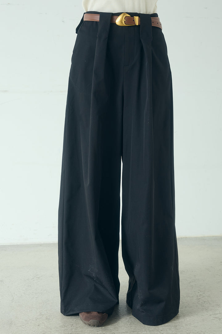 [SET]Vネックデニムフリルトップス+ベルトループデザインハイウエストタックパンツ(2set)