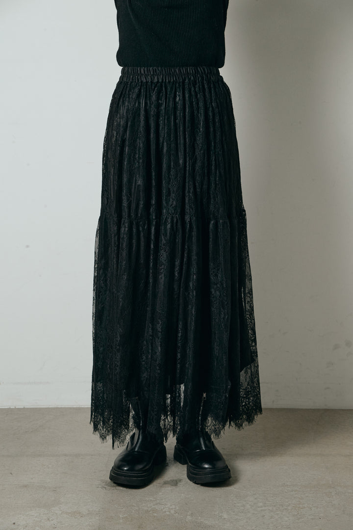 [SET]レイヤードデザインフーディートップス+ひげレース切替ロング丈スカート(2set)