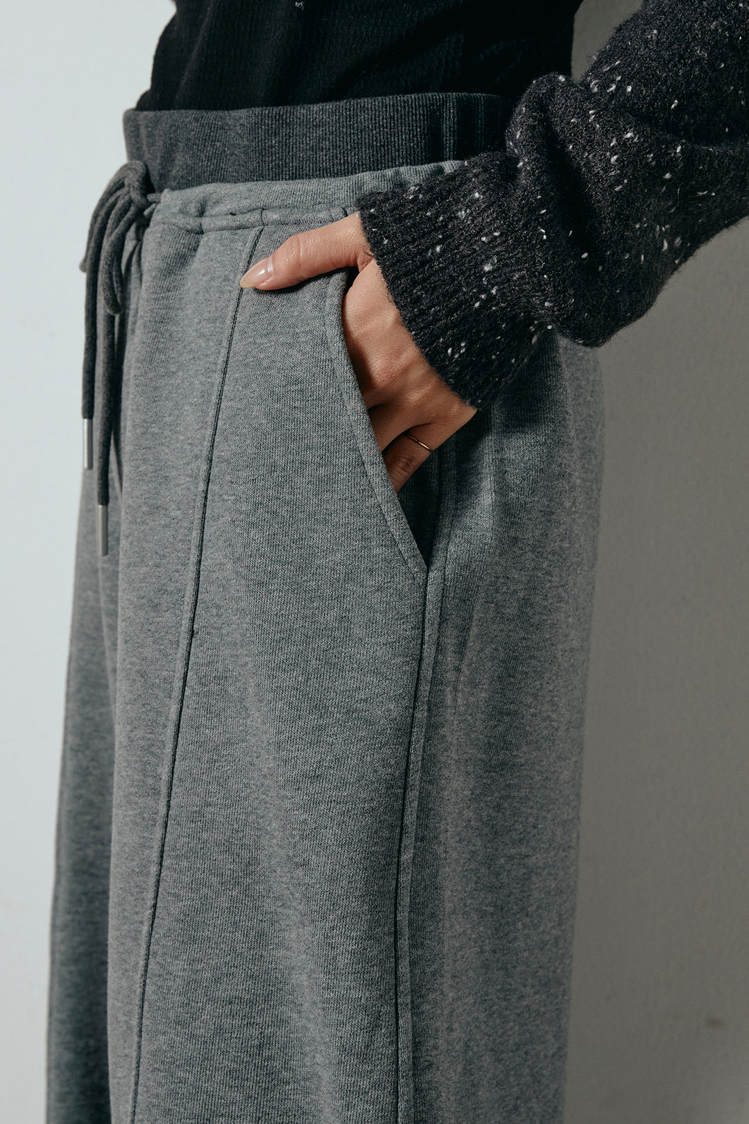 [SET]ネップニットカーディガン+スウェットワイドカーブパンツ(2set)