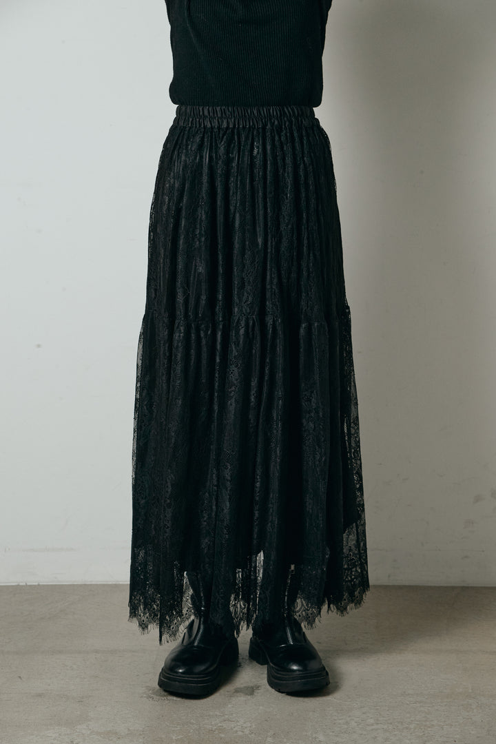 [SET]レイヤードデザインフーディートップス+ひげレース切替ロング丈スカート(2set)