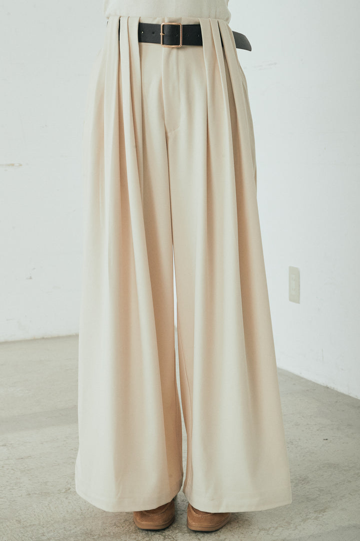 [SET]コットンフリルブラウス+ベルト付きタックデザインハイウエストロングパンツ(2set)