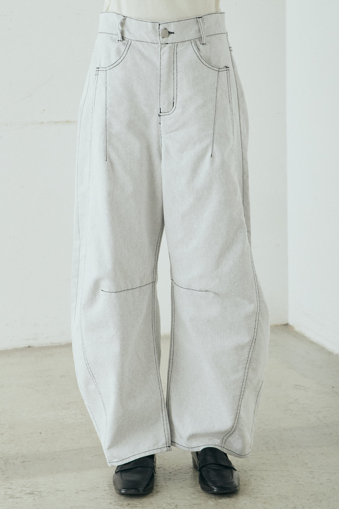 [SET]レーヨンストライプスカーフ+ツイル配色ステッチバレルパンツ+レーヨンストライプバンドカラー長袖シャツ(3set)