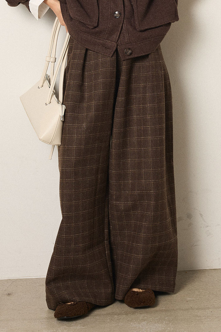 [SET]衿レイヤードフェイクウールジャケット+ウールライクチェックタックパンツ(2set)