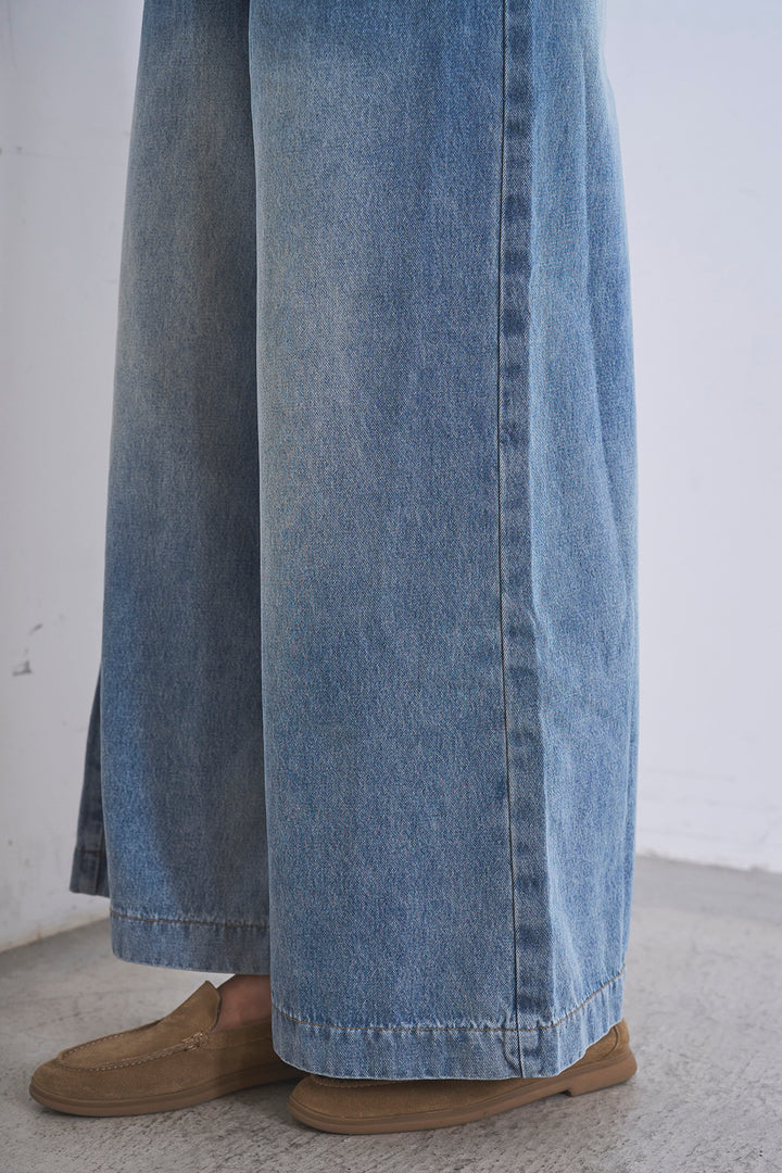 [SET]シアーデニムカーディガン+ベルトループワイドタックデニムパンツ(2set)