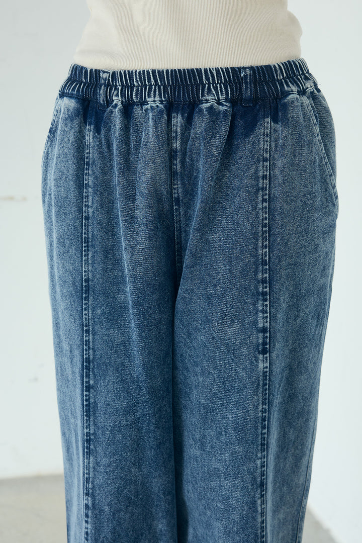 [SET]カラーデニムケミカル加工ノーカラーブルゾン+カラーデニムケミカル加工コクーンパンツ(2set)