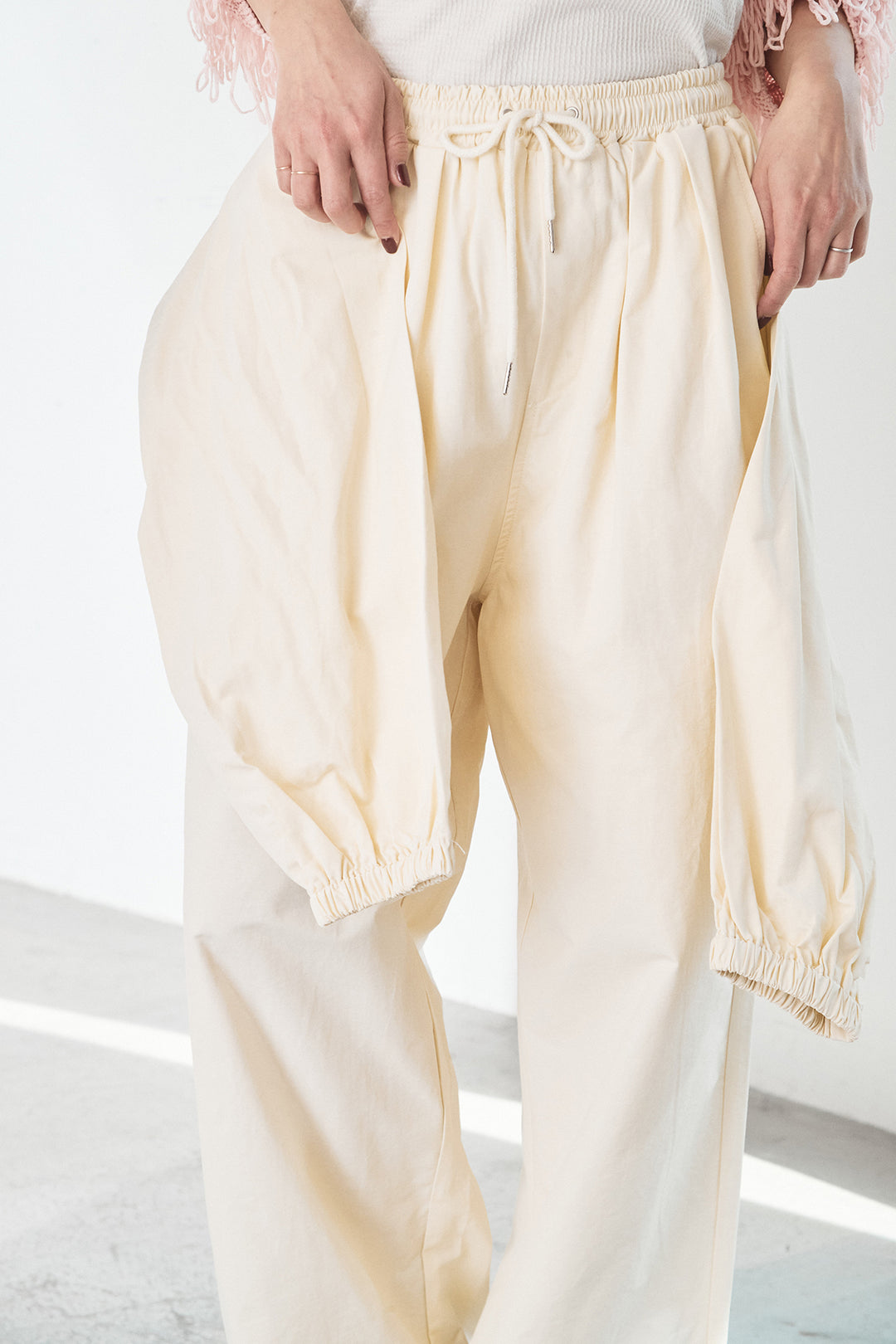 【即納】合繊ツイルスタンドウエスト巻きジョガーパンツ