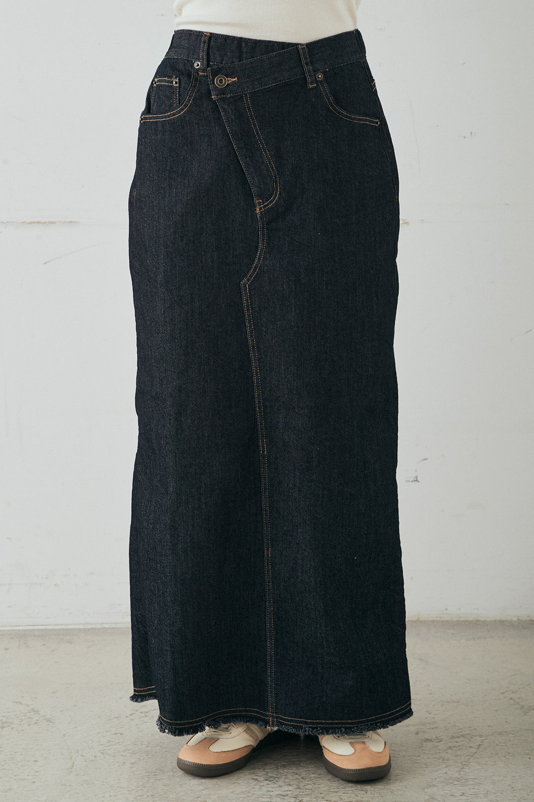 [SET]レースアップワッフルボーダートップス+ウエストクロスデニムタイトスカート(2set)