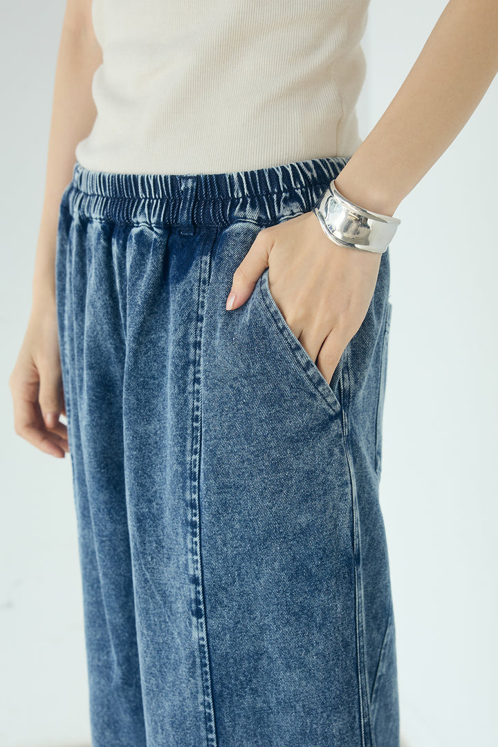 [SET]カラーデニムケミカル加工ノーカラーブルゾン+カラーデニムケミカル加工コクーンパンツ(2set)